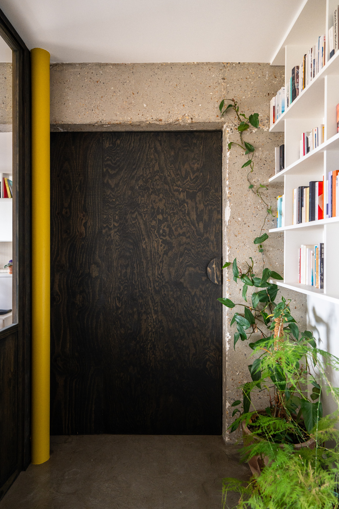 Entrée en béton, bois sombre et bibliothèque blanche